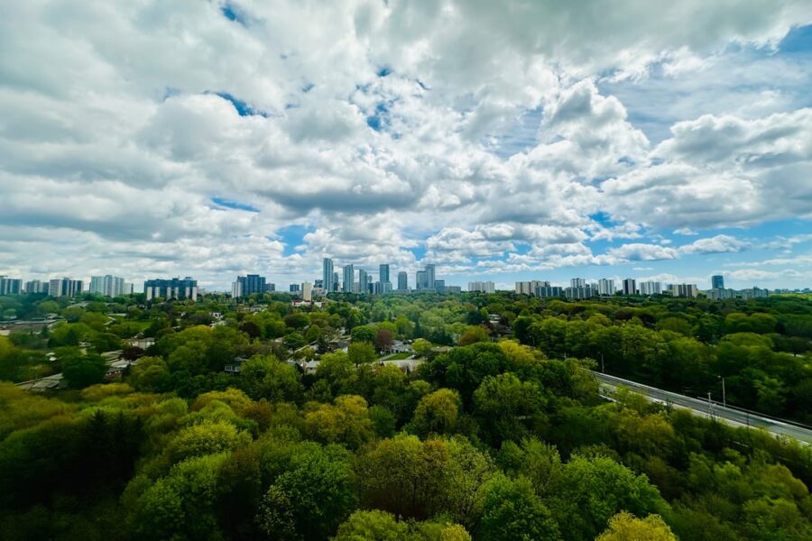 a view of a city from a high up in the sky